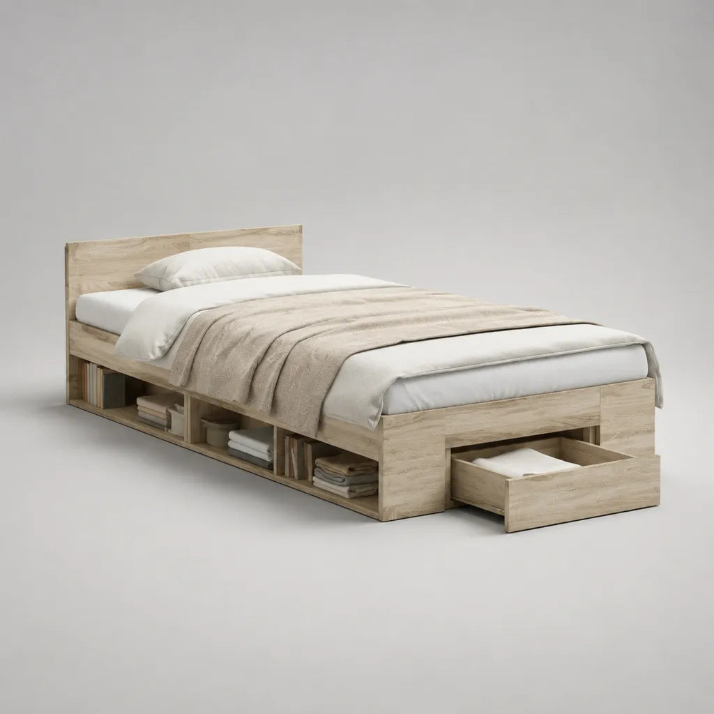 Letto singolo rettangolare in pannello a particelle con quattro nicchie e un cassetto, rovere leggero, 205 × 96 × 90 cm, letto 90 × 200 cm