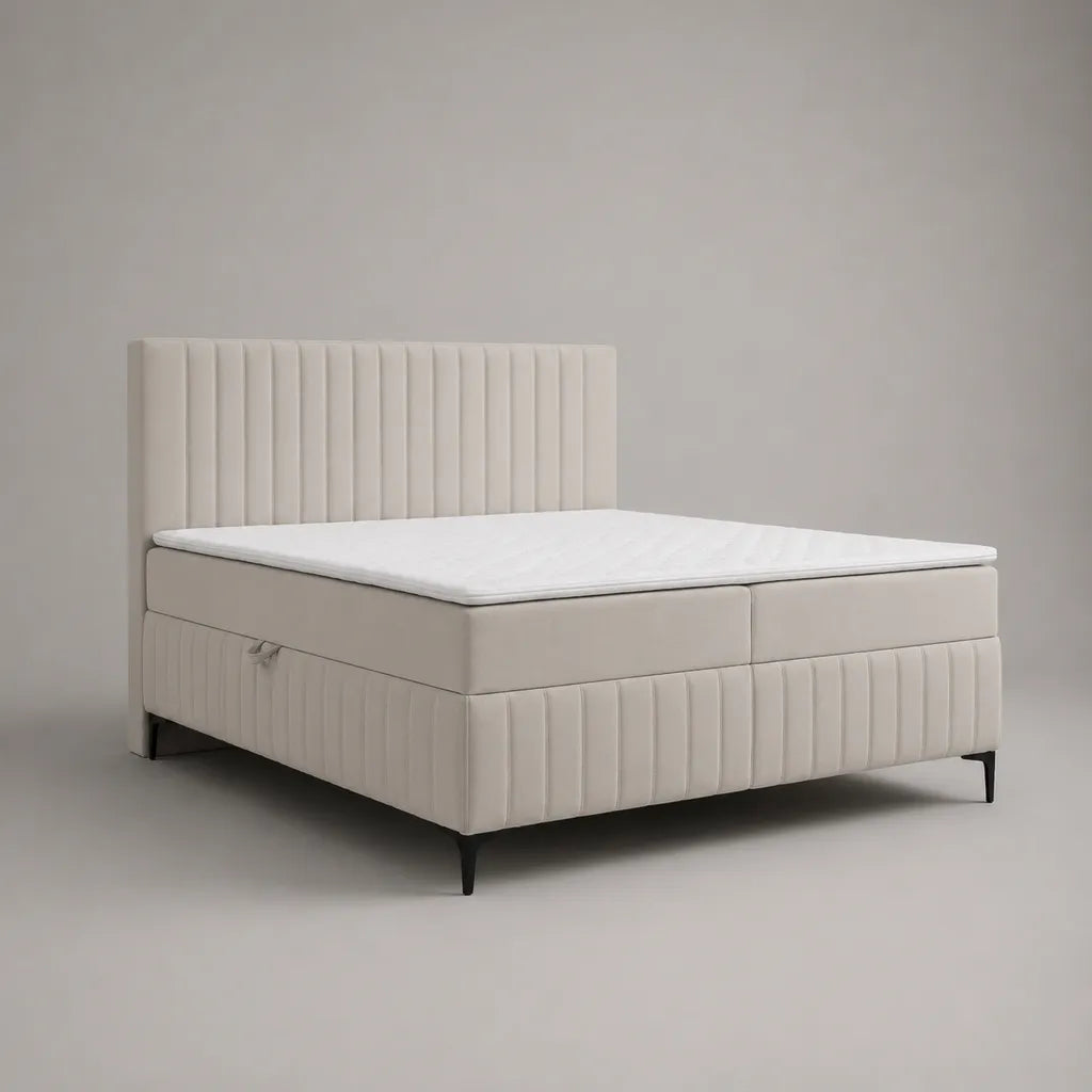Set di 2 pezzi – Letto continentale a due posti in tessuto crema con testata, 2 materassi a molla e materassi, letto 160 × 200 cm, 170 × 210 × 120 cm