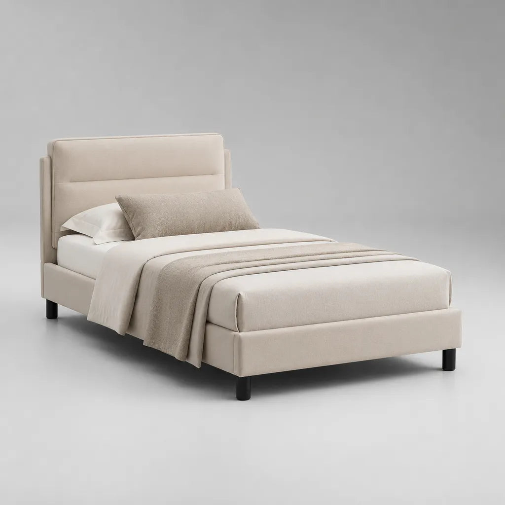 Letto singolo imbottito beige e nero con letto con latte, letto 90 × 200 cm, dimensioni 105 × 215 × 112 cm