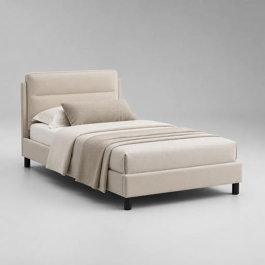 Letto singolo imbottito beige e nero con letto con latte, letto 90 × 200 cm, dimensioni 105 × 215 × 112 cm