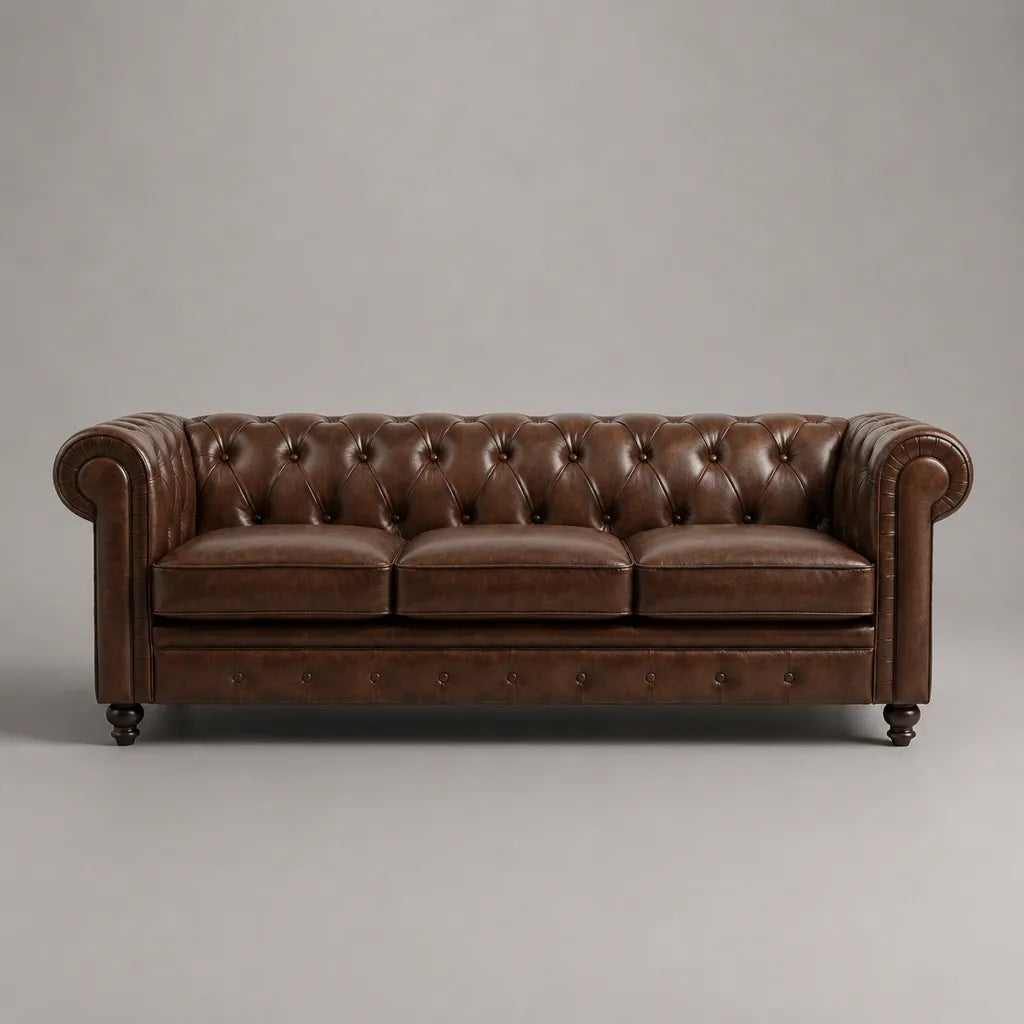 Divano Chesterfield destro 3 posti in pelle marrone scuro, 220 × 90 × 75 cm