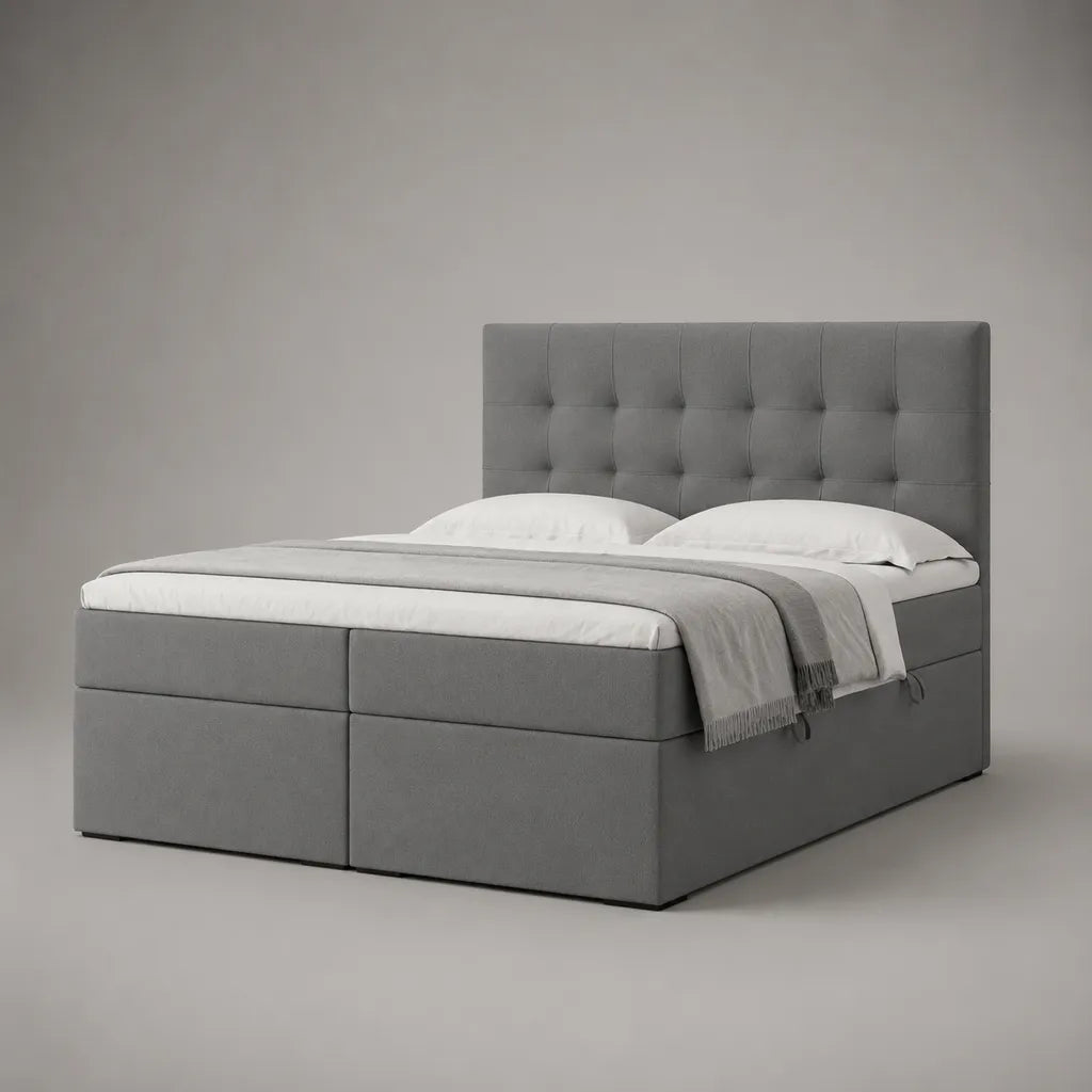 Letto matrimoniale continentale in tessuto grigio con materasso con molle drenate e testata imbottita, letto 160 × 200 cm