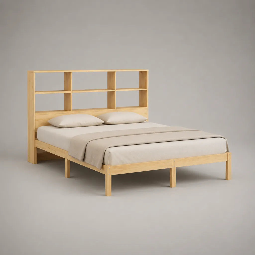 Letto matrimoniale in legno naturale 160 × 200 cm con libreria testiera