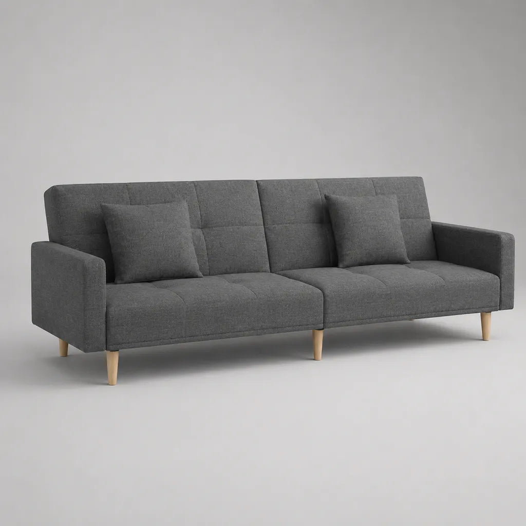 Divano a 3 posti in poliestere grigio scuro e legno naturale, 205 × 84 × 82 cm, letto 180 × 103 cm