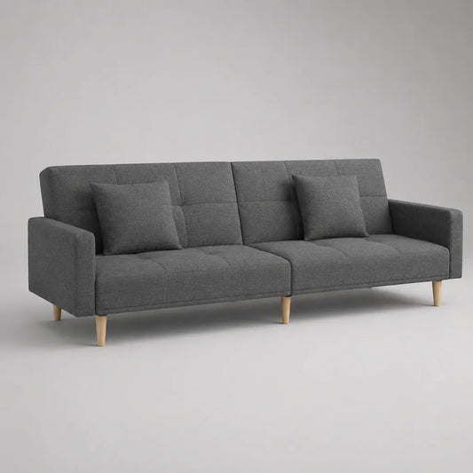 Divano a 3 posti in poliestere grigio scuro e legno naturale, 205 × 84 × 82 cm, letto 180 × 103 cm