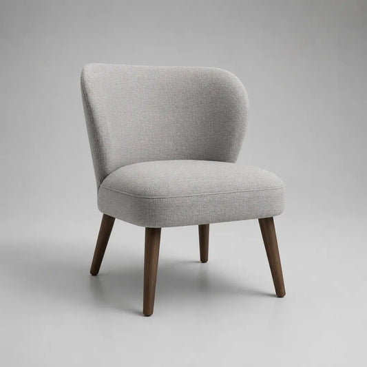 Sedia senza braccio in poliestere grigio chiaro, schienale rotondo e piedi in legno, 69 × 72 × 73 cm