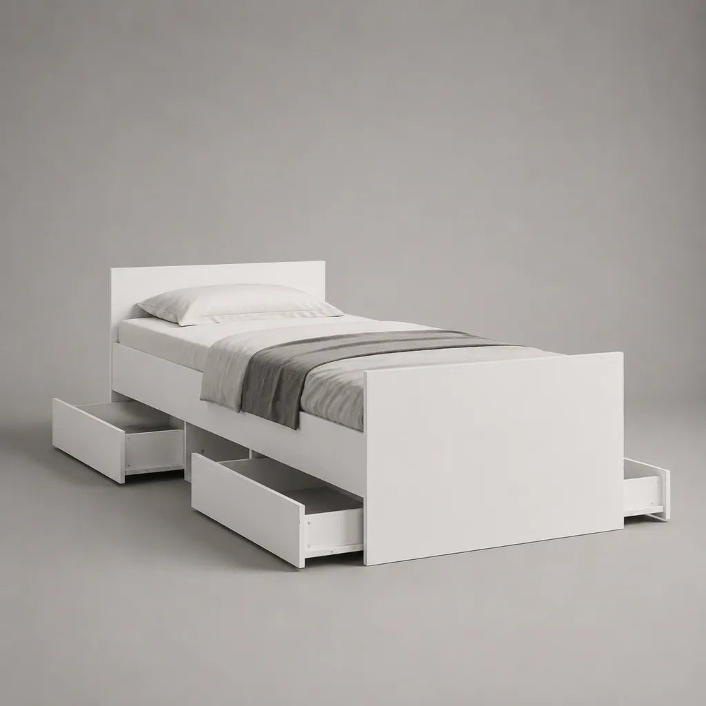 Letto singolo bianco con 3 cassetti in pannello a particelle, letto 90 × 200 cm, dimensioni 205 × 96 × 80 cm