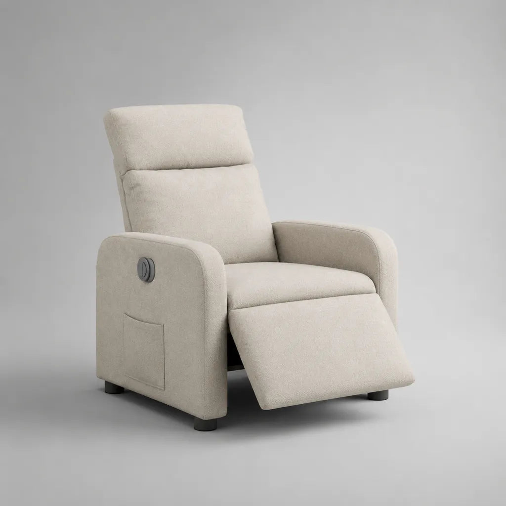 Sedia reclinabile elettrica in tessuto riccio beige con poggiapiedi integrato, 76 × 92 × 102 cm