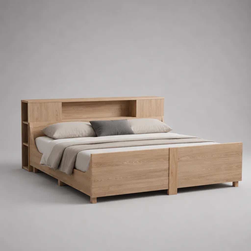 Letto matrimoniale 160 × 200 cm in pannello di particelle in melamina, testa da letto con stoccaggio, dimensioni 220 × 180 × 120 cm, rovere leggero