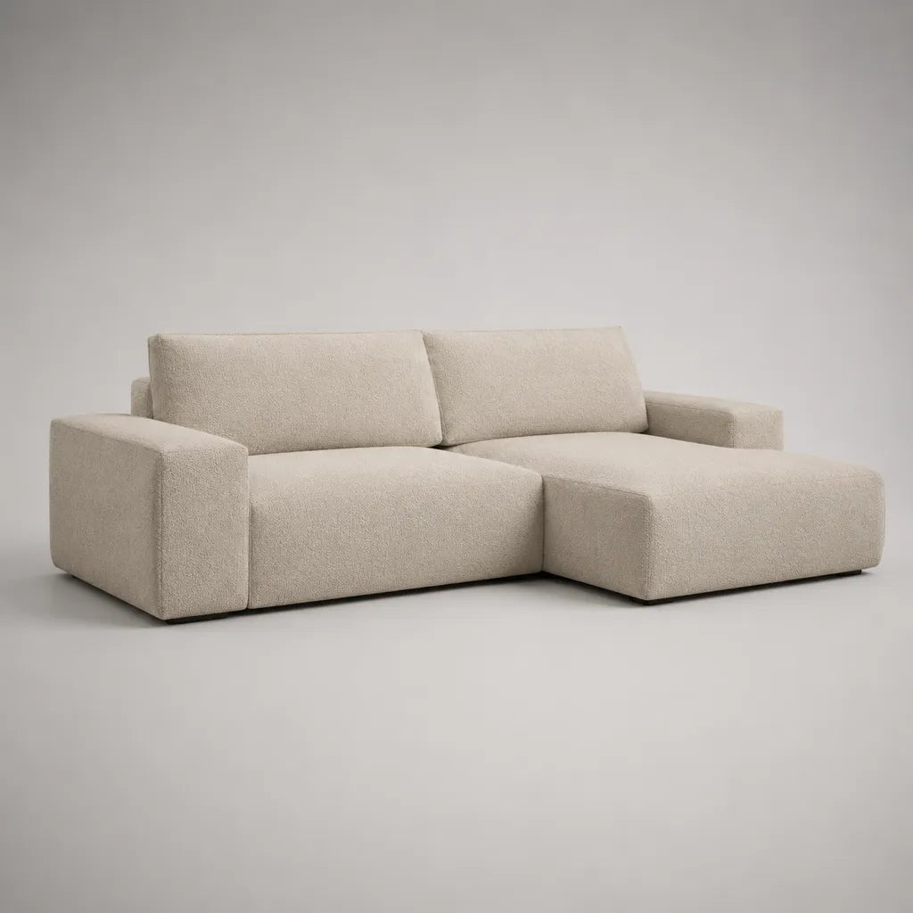 Divano angolare L 3 posti con meridiano dritto in tessuto loop ecru, 250 × 160 × 82 cm