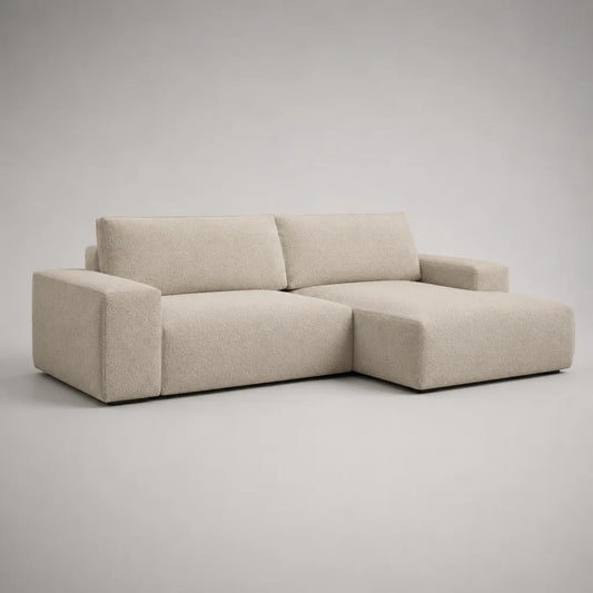 Divano angolare L 3 posti con meridiano dritto in tessuto loop ecru, 250 × 160 × 82 cm