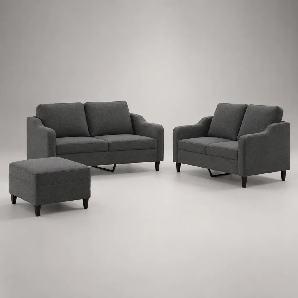 Soggiorno a 3 pezzi in tessuto grigio antracite con divano a 3 posti 190 × 82 × 84 cm, divano a 2 posti 150 × 82 × 84 cm e pouf 70 × 55 × 42 cm
