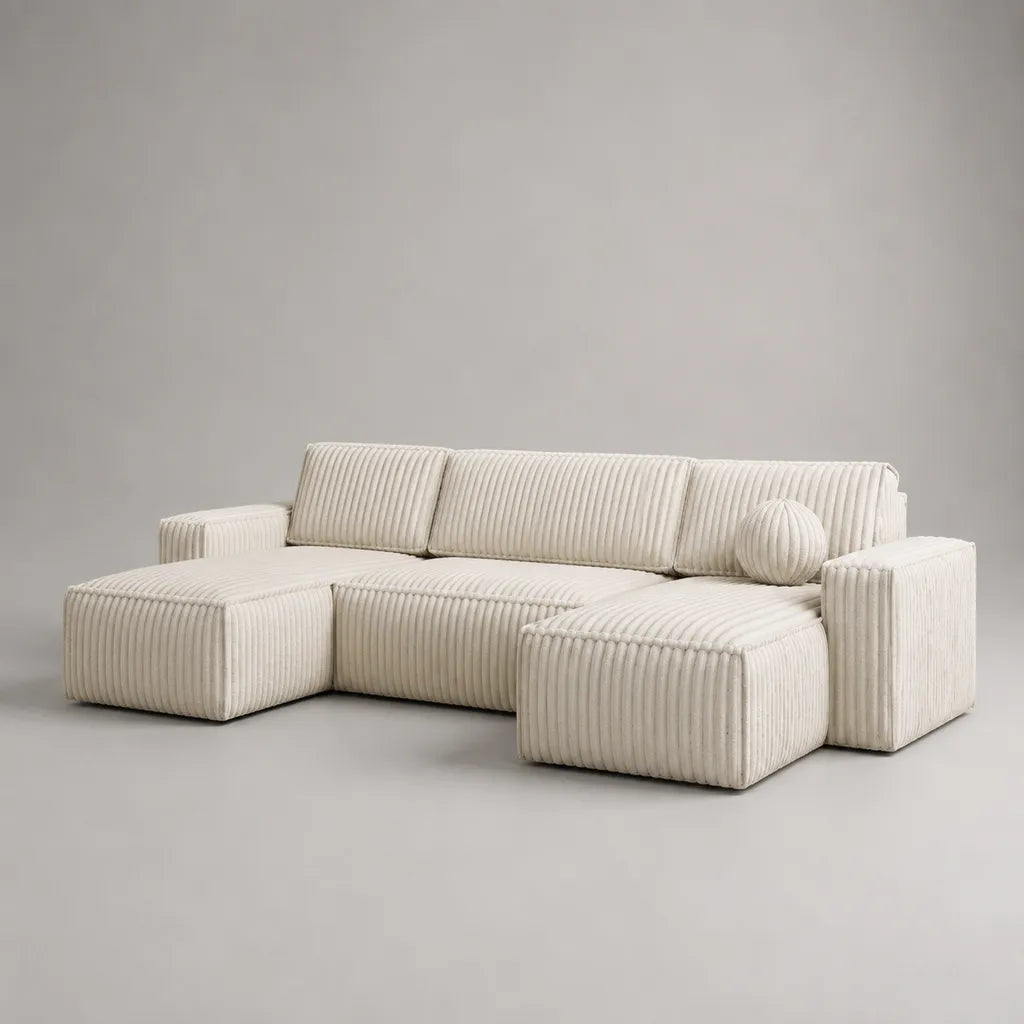 Divano panoramico modulabile 5 sedili in velluto a costine di poliestere bianco rotto 300 × 160 × 75 cm