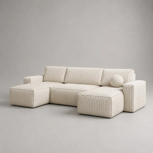 Divano panoramico modulabile 5 sedili in velluto a costine di poliestere bianco rotto 300 × 160 × 75 cm