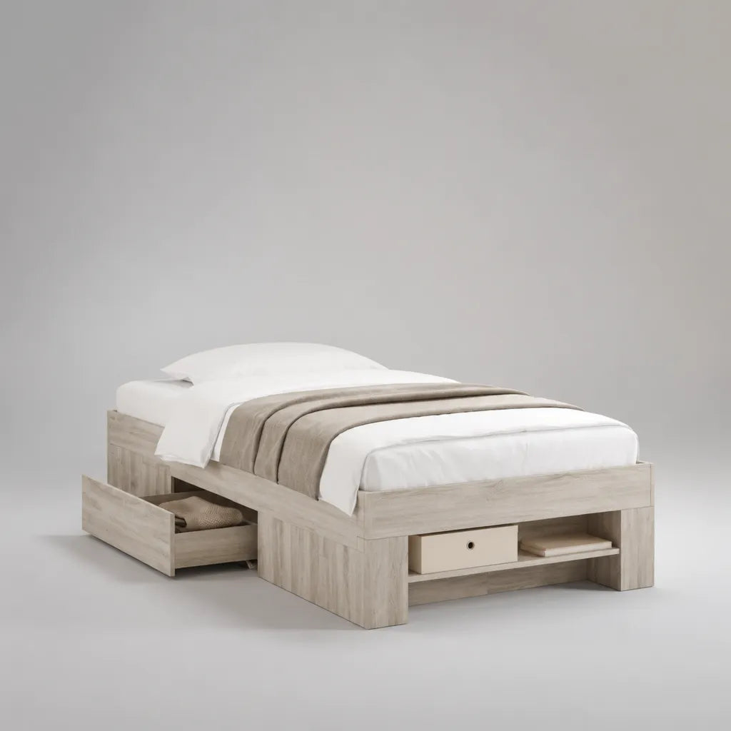 Letto singolo con contenitore di particelle di melamina, rovere sbiancato, 203 × 96 × 60 cm, letto 90 × 190 cm