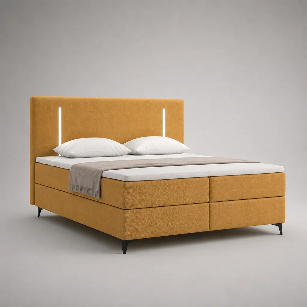 Letto doppio in tessuto senape gialla 180 × 200 cm con 2 materassi, super materasso e testata leggera LED