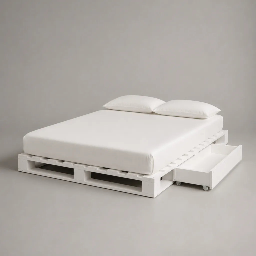 Telaio letto matrimoniale 160 × 200 cm in pino bianco massiccio con piano con latte e 2 cassetti