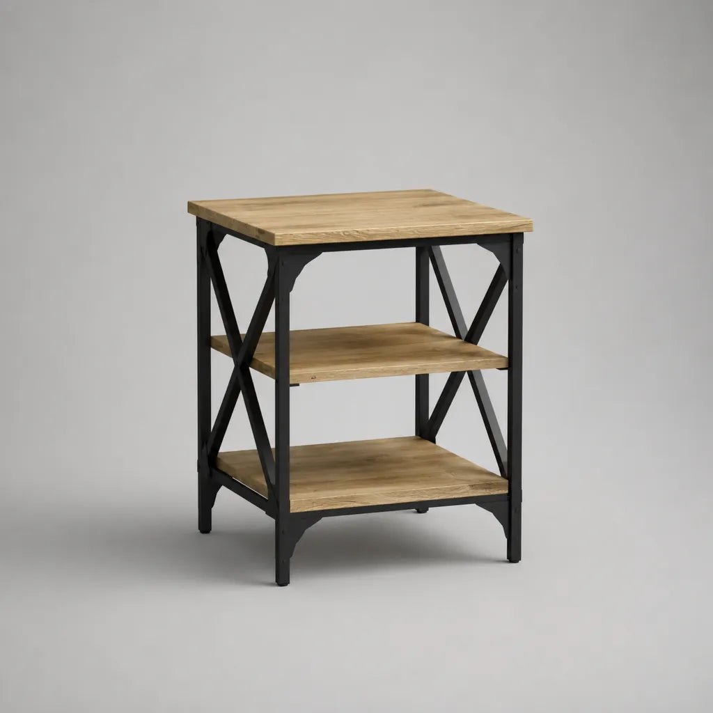 Tavolo a 3 livelli di pannelli in particelle e acciaio, rovere marrone e effetto nero, 45 × 40 × 60 cm