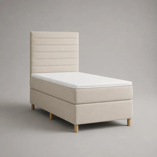 Letto singolo continentale beige con testata, materassi e materassi, letto 90 × 200 cm, dimensioni 210 × 95 × 120 cm
