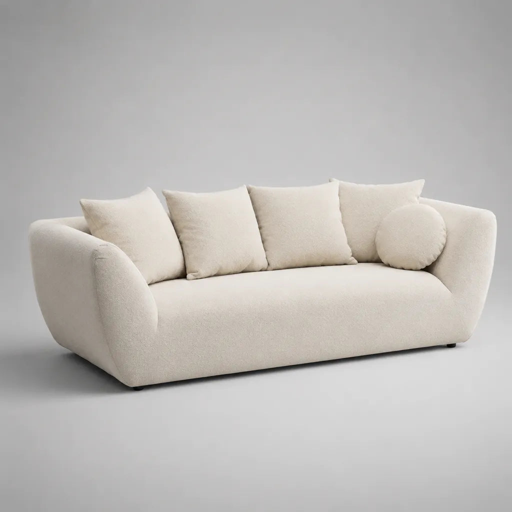 Divano curvato a 3 posti in tessuto curvato bianco rotto, 220 × 95 × 78 cm