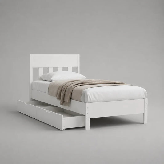 Letto singolo in pino bianco massiccio con 2 cassetti, letto 90 × 190 cm, dimensioni 198 × 98 × 100 cm
