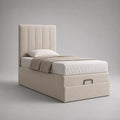 Letto singolo imbottito in poliestere beige con cassetto, letto 90 × 200 cm, dimensioni 101 × 212 × 120 cm