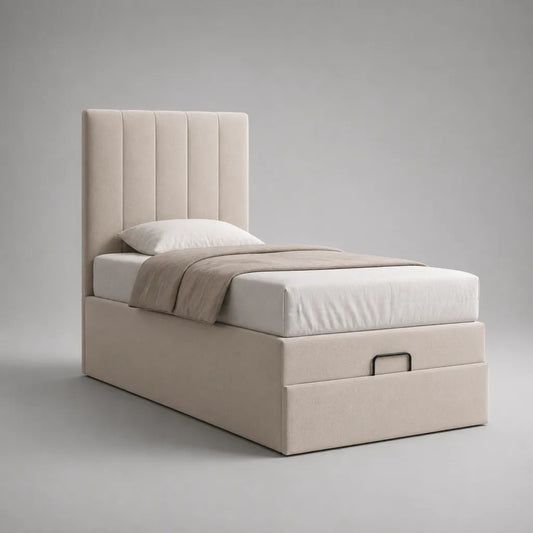 Letto singolo imbottito in poliestere beige con cassetto, letto 90 × 200 cm, dimensioni 101 × 212 × 120 cm