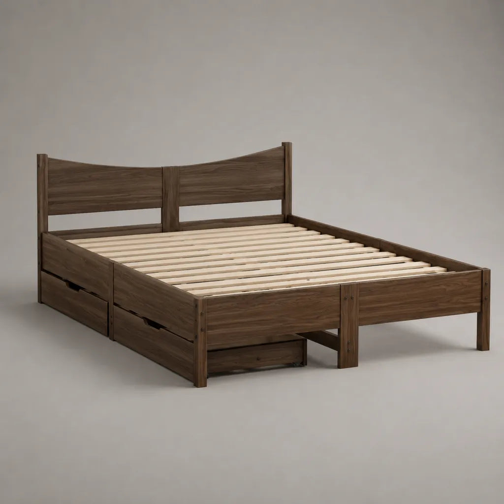 Letto matrimoniale in legno marrone scuro con 4 cassetti, letto 160 × 200 cm, dimensioni 208 × 168 × 100 cm