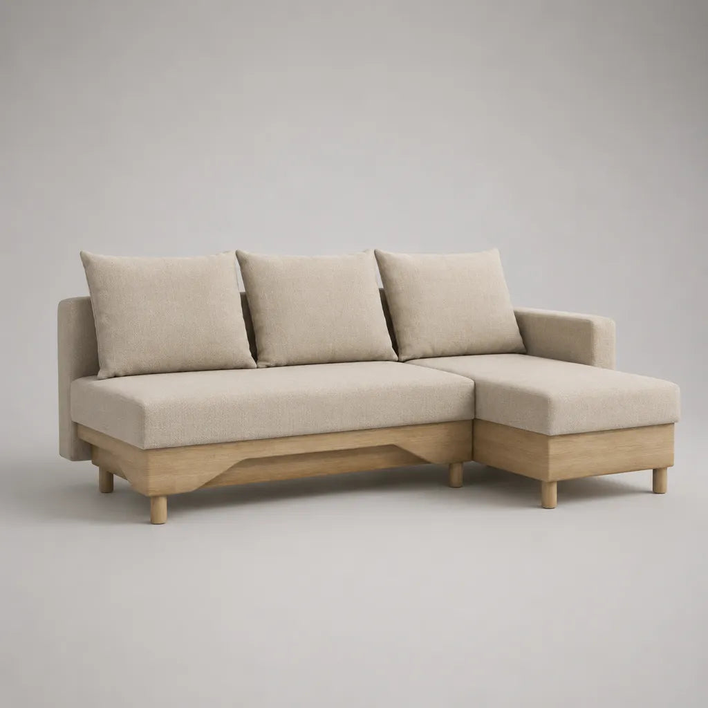 Divano angolo a 3 posti con meridiano dritto, tessuto beige e legno base effetto rovere naturale, 220 × 145 × 88 cm