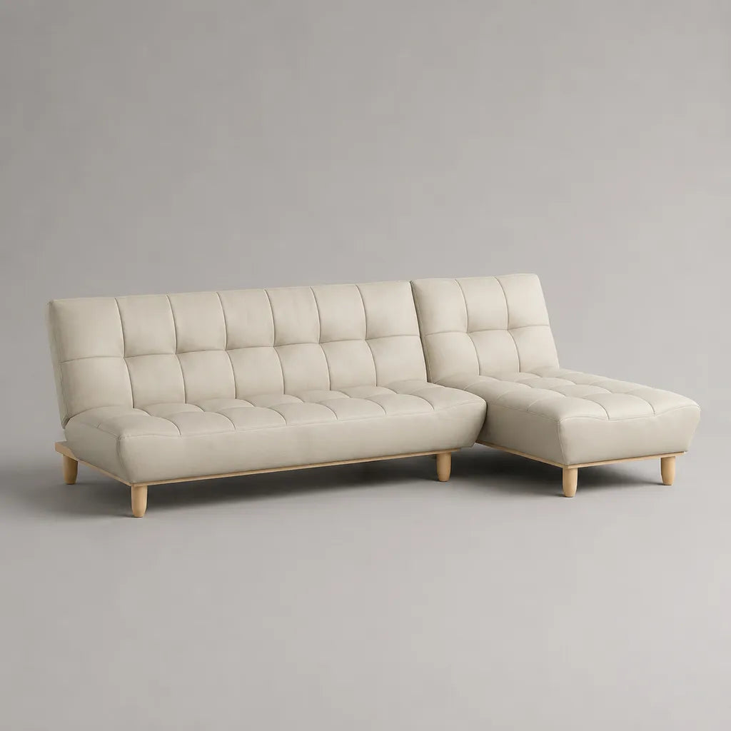 Divano angolo 4 posti in pelle crema con meridiano dritto, 245 × 145 × 83 cm