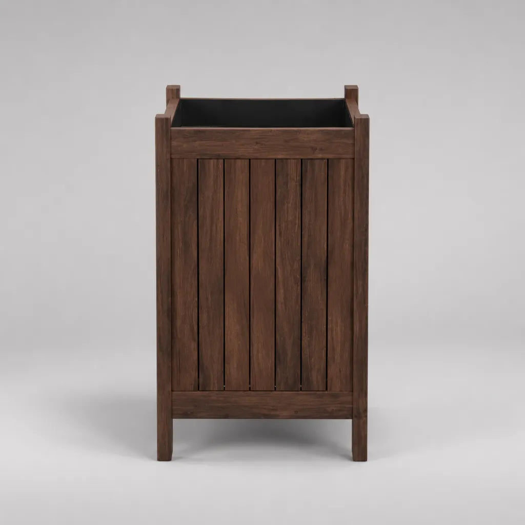 Giardino quadrato alto in legno massiccio marrone con vassoio in plastica nera, 40 × 40 × 70 cm
