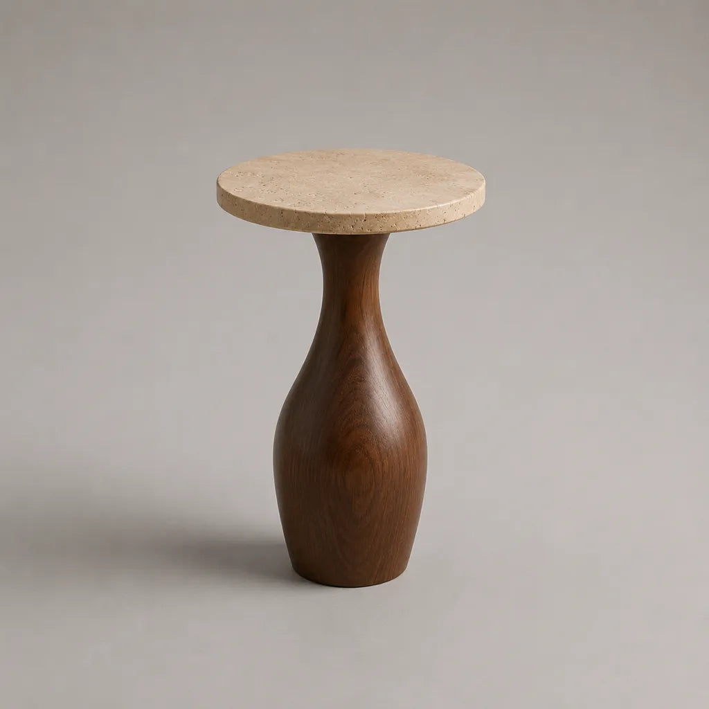 Tavolo rotondo in travertino e noce massello, beige e marrone, Ø 40 × H 55 cm
