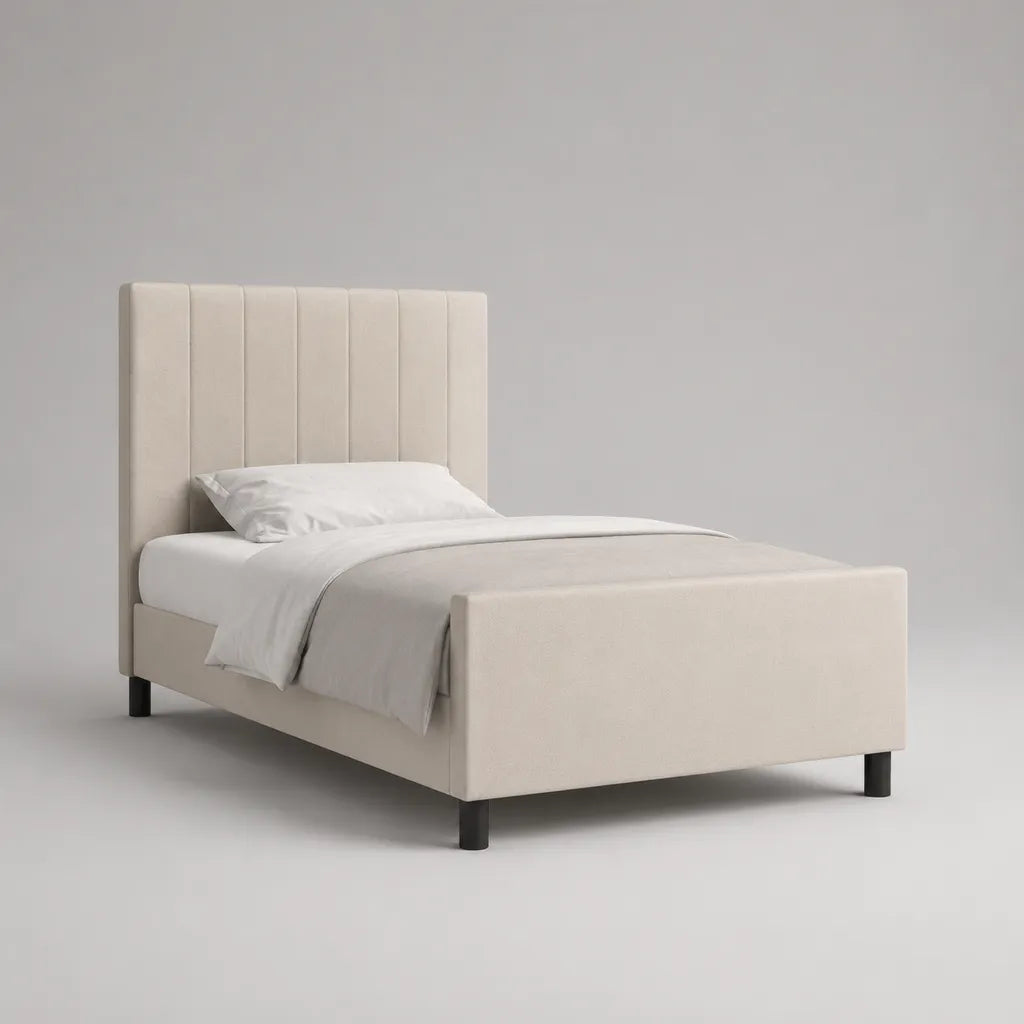 Letto singolo imbottito 90 × 200 cm in velluto poliestere beige con testa di letto verticale