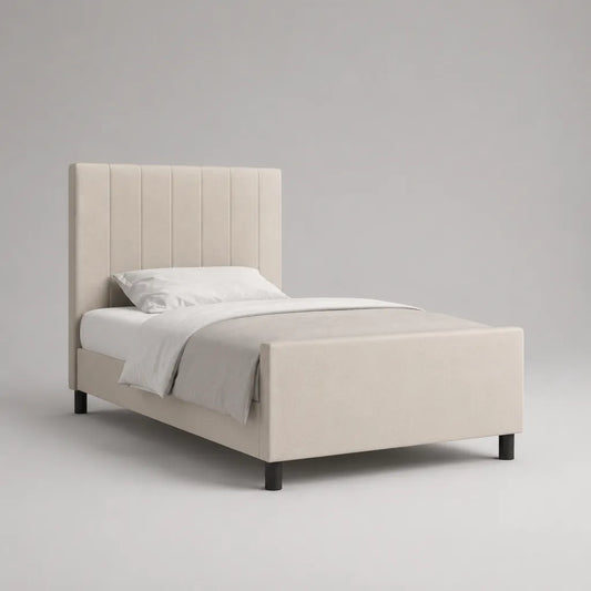 Letto singolo imbottito 90 × 200 cm in velluto poliestere beige con testa di letto verticale