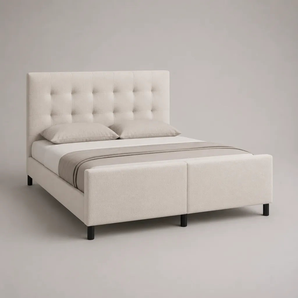 Telaio letto matrimoniale imbottito in tessuto, legno e metallo, rotto e bianco nero, letto 160 × 200 cm, dimensioni 218 × 171 × 112 cm