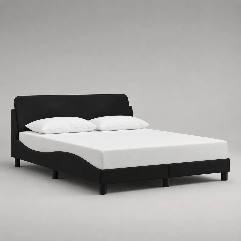 Telaio letto matrimoniale nero in tessuto con testa letto imbottita, letto 160 × 200 cm, dimensioni 170 × 215 × 105 cm