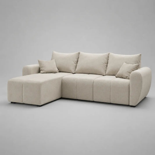 Divano angolo a 3 posti in tessuto beige chiaro con meridiano sinistro, 285 × 165 × 90 cm